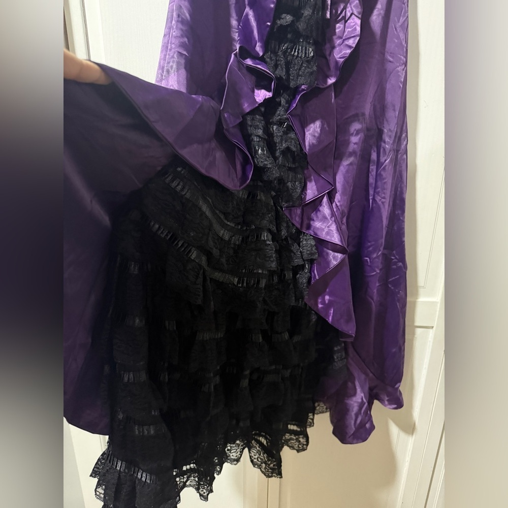 Purple High-Low Satin Skirt with Black Lace Ruffle - Picture 4 of 6